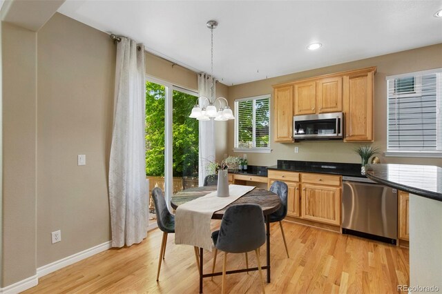 4821 Bluegate Dr, Highlands Ranch, CO 80130 - kitchen featuring appliances with stainless steel finishes, a chandelier, light wood-style flooring, baseboards, and recessed lighting