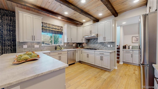 kitchen with under cabinet range hood, appliances with stainless steel finishes, wood ceiling, and a sink