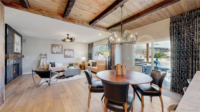 dining room featuring beamed ceiling, wood ceiling, a chandelier, and light wood-style flooring