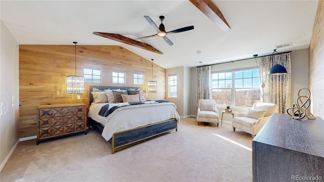 bedroom featuring visible vents, carpet floors, wood walls, baseboards, and vaulted ceiling with beams