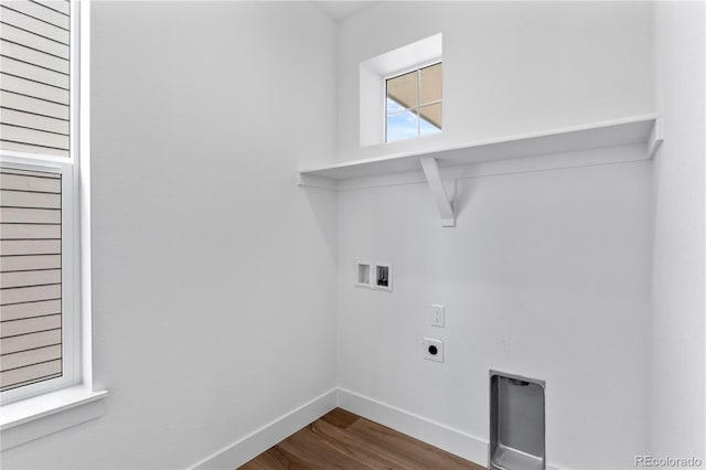 223 Washington St, Erie, CO 80516 - washroom with hookup for a washing machine, electric dryer hookup, dark wood finished floors, and baseboards