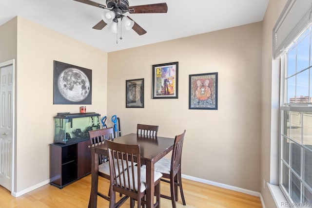 dining space featuring baseboards, ceiling fan, and light wood-style floors