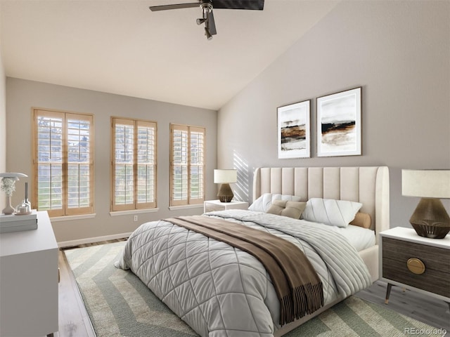 bedroom with baseboards, a ceiling fan, vaulted ceiling, and wood finished floors