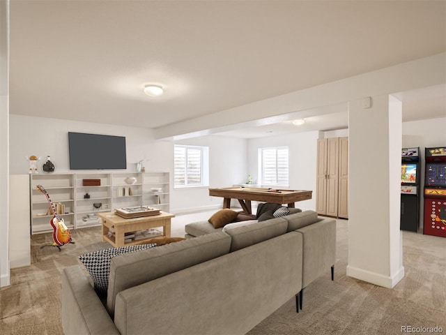 living room with baseboards and light colored carpet