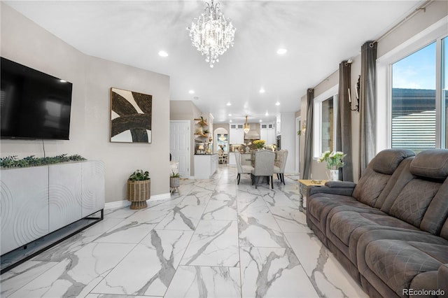 942 S County Road 129th Rd, Bennett, CO 80102 - living area featuring recessed lighting, baseboards, a chandelier, and marble finish floor