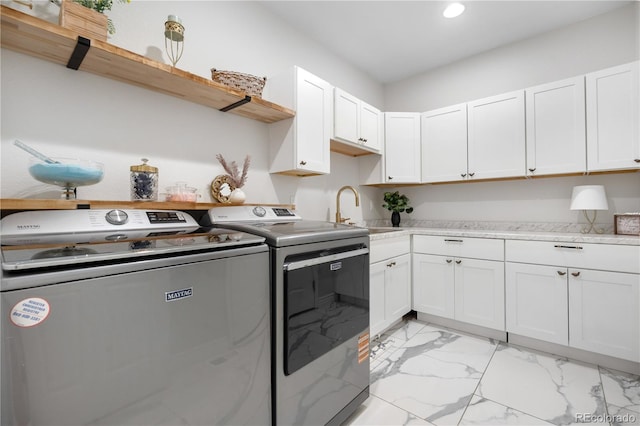 942 S County Road 129th Rd, Bennett, CO 80102 - washroom featuring washing machine and clothes dryer, cabinet space, a sink, marble finish floor, and recessed lighting