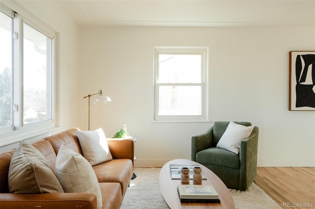 living area with baseboards, plenty of natural light, and wood finished floors