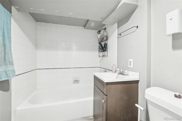 full bath with toilet, shower / washtub combination, and vanity