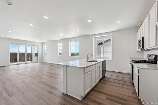 19040 E 96th Pl, Commerce City, CO 80022 - kitchen featuring stainless steel appliances, a sink, wood finished floors, baseboards, and recessed lighting