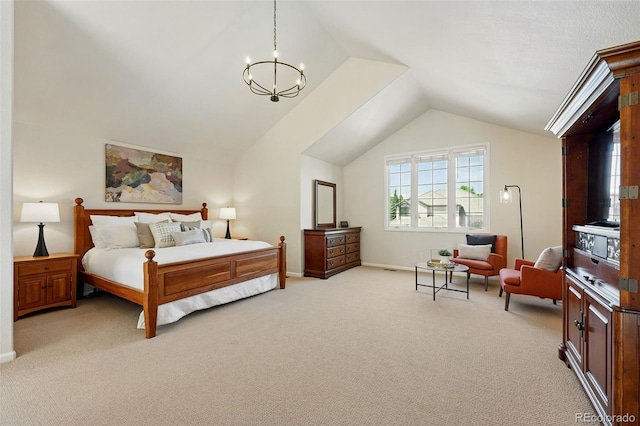 9556 Kemper Dr, Lone Tree, CO 80124 - bedroom featuring light carpet, lofted ceiling, and a chandelier