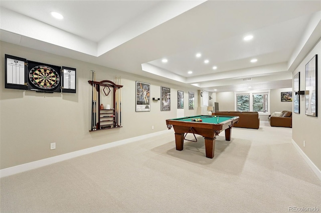 9556 Kemper Dr, Lone Tree, CO 80124 - game room featuring a raised ceiling, billiards, recessed lighting, and carpet flooring