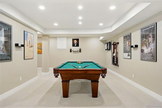 9556 Kemper Dr, Lone Tree, CO 80124 - game room with light colored carpet, billiards, recessed lighting, and a raised ceiling