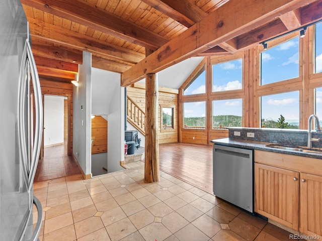 11766 Coal Creek Heights Dr, Golden, CO 80403 - kitchen featuring stainless steel appliances, a sink, wood ceiling, light brown cabinetry, and wood walls