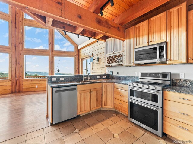 11766 Coal Creek Heights Dr, Golden, CO 80403 - kitchen featuring appliances with stainless steel finishes, a sink, a peninsula, light tile patterned flooring, and wood walls