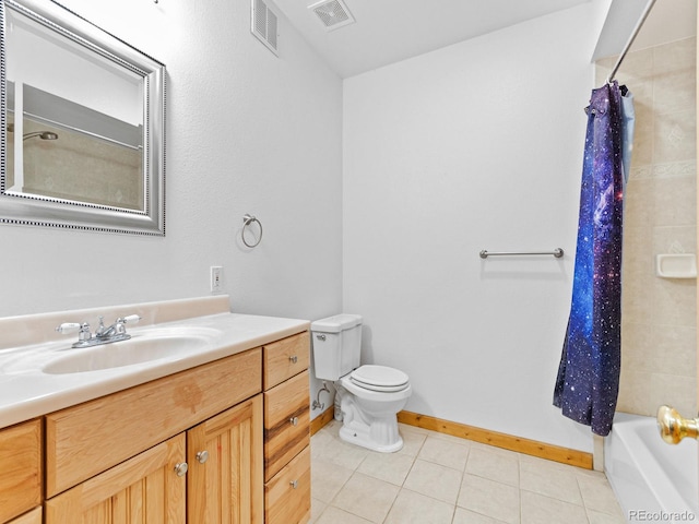 11766 Coal Creek Heights Dr, Golden, CO 80403 - bathroom featuring tile patterned flooring, toilet, vanity, baseboards, and shower / bathtub combination with curtain