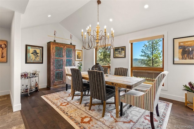 192 Nova Dr, Pine, CO 80470 - dining area featuring a chandelier, lofted ceiling, dark wood-style flooring, and recessed lighting