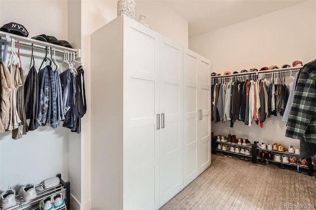 walk in closet with light carpet