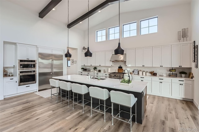 kitchen featuring sink, white cabinetry, premium appliances, light stone countertops, and an island with sink