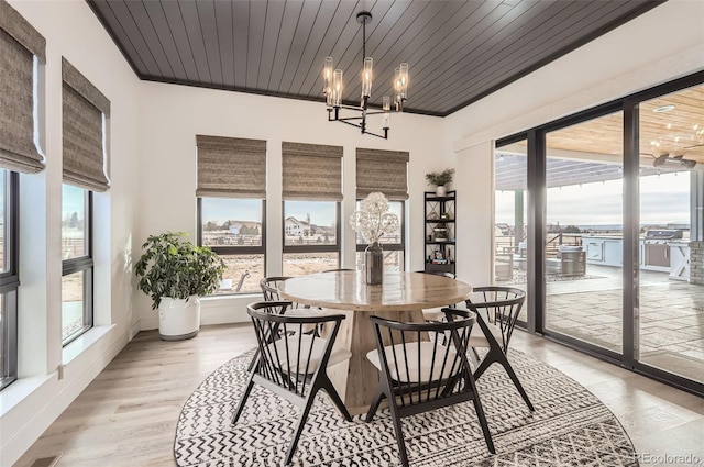 dining space featuring wood ceiling, light hardwood / wood-style flooring, and a notable chandelier