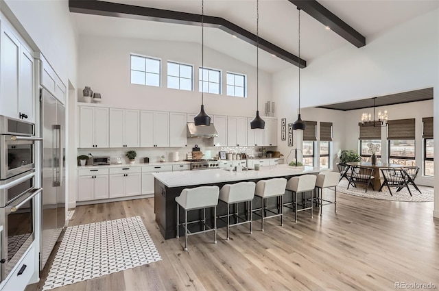 kitchen featuring an island with sink, a breakfast bar area, white cabinets, decorative backsplash, and hanging light fixtures