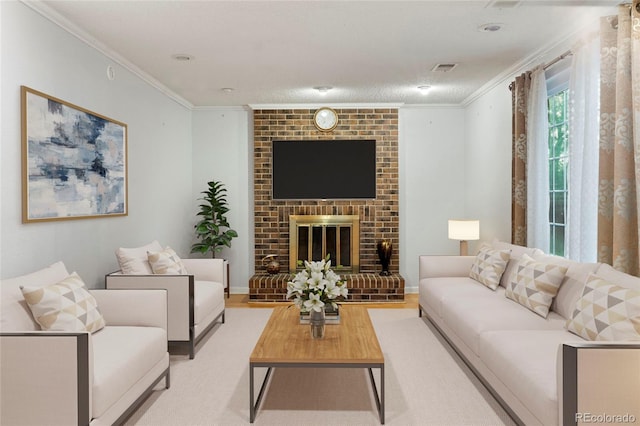 18625 E Kent Dr, Aurora, CO 80013 - living room featuring wood finished floors, crown molding, and a fireplace