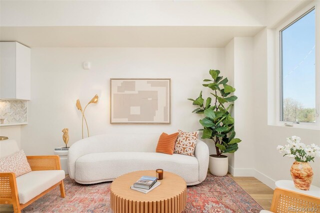 living area with light wood-style floors, baseboards, and plenty of natural light