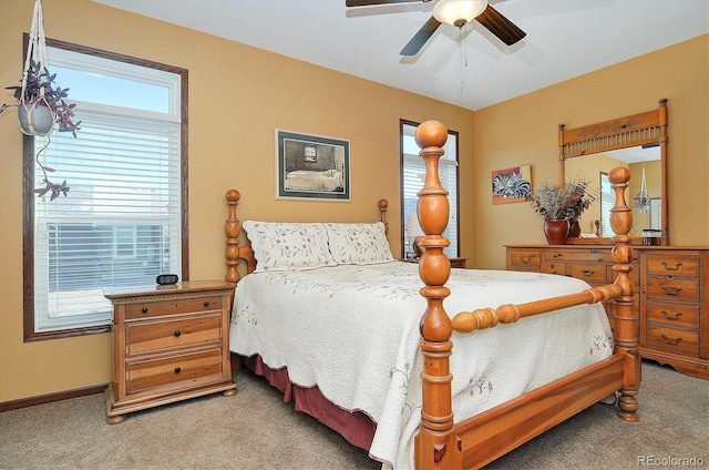 carpeted bedroom with multiple windows and ceiling fan