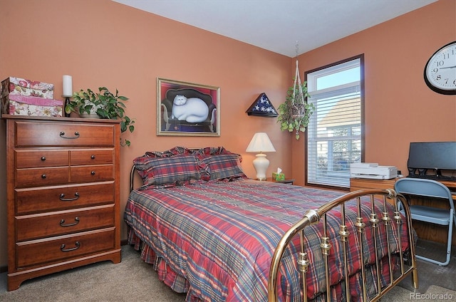 bedroom featuring light carpet