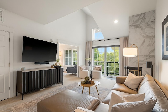 345 Fillmore Unit 407, Denver, CO 80206 - living area with light carpet and high vaulted ceiling