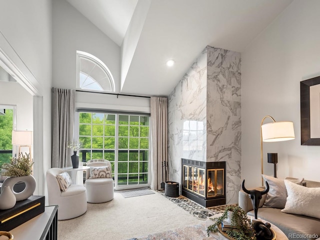 345 Fillmore Unit 407, Denver, CO 80206 - living area featuring a high end fireplace, vaulted ceiling, and plenty of natural light