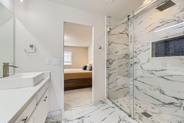 6108 S Harvest Ct, Aurora, CO 80016 - ensuite bathroom with a marble finish shower, vanity, marble finish flooring, and baseboards