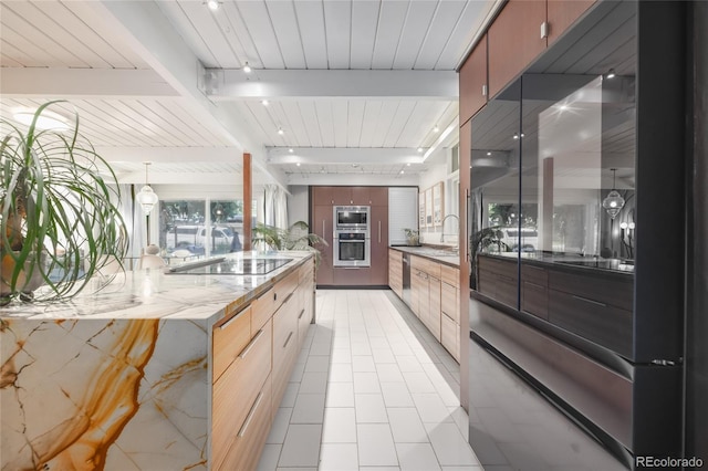 kitchen with stainless steel appliances, wooden ceiling, light stone counters, and beamed ceiling