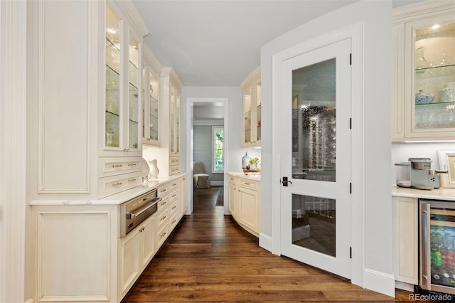 interior space with wine cooler and dark wood-style floors