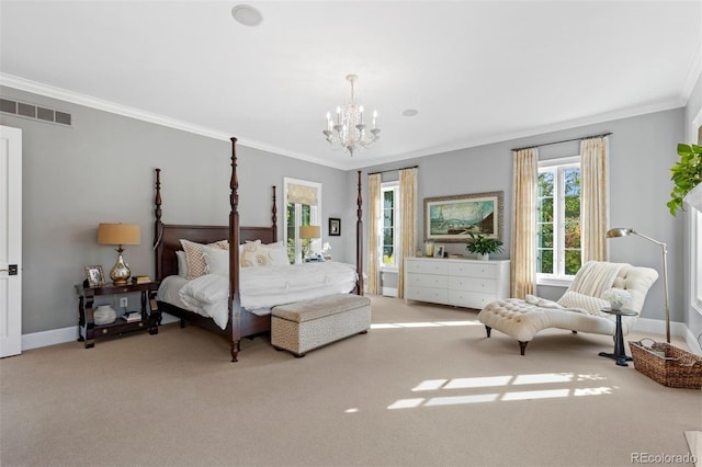 bedroom with visible vents, baseboards, ornamental molding, carpet flooring, and a notable chandelier