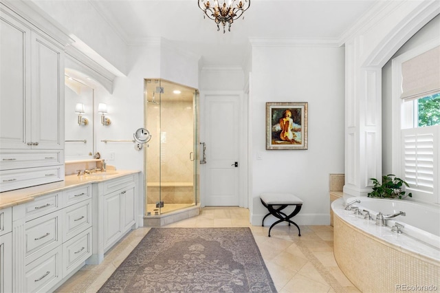 full bath featuring baseboards, ornamental molding, a stall shower, a bath, and vanity