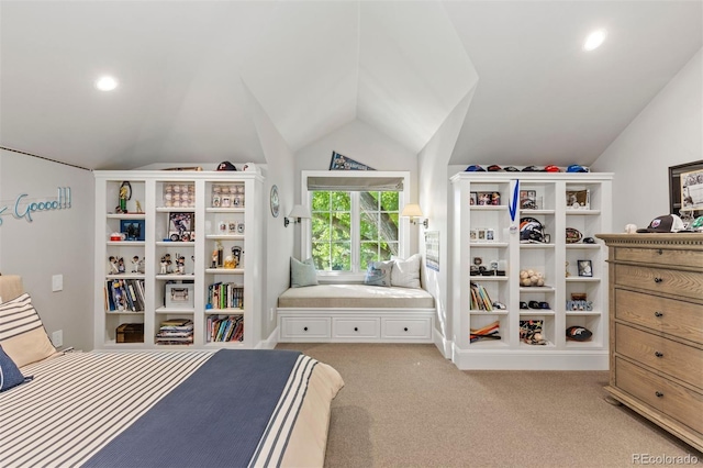 carpeted bedroom with recessed lighting and vaulted ceiling