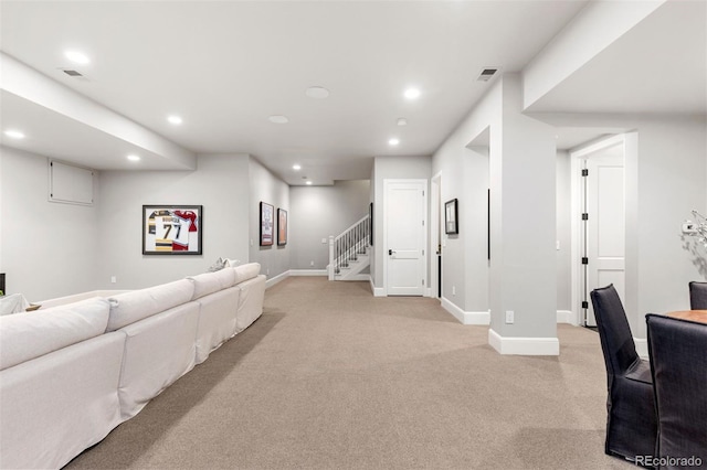 living room with light carpet, stairway, recessed lighting, and baseboards