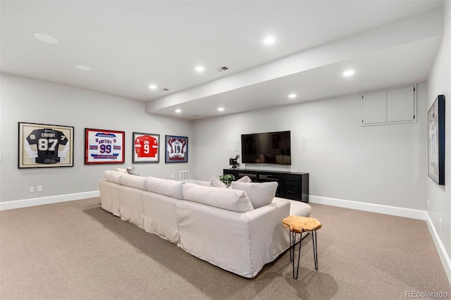 living area with visible vents, recessed lighting, light colored carpet, and baseboards