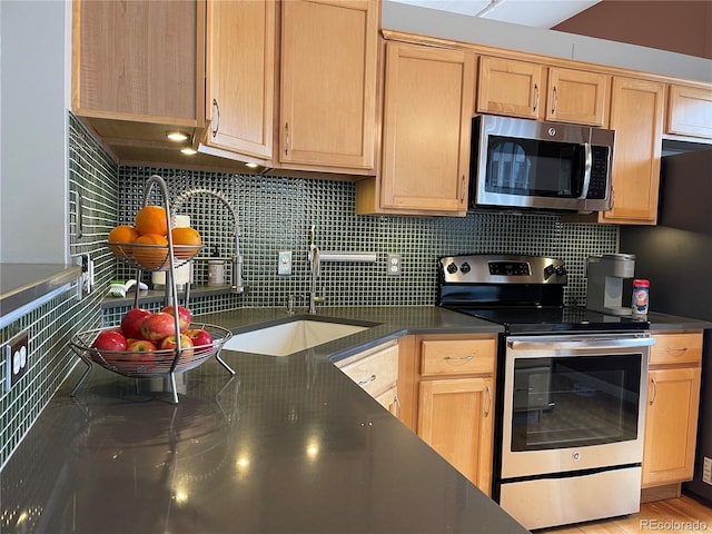 kitchen featuring tasteful backsplash, appliances with stainless steel finishes, and light brown cabinets