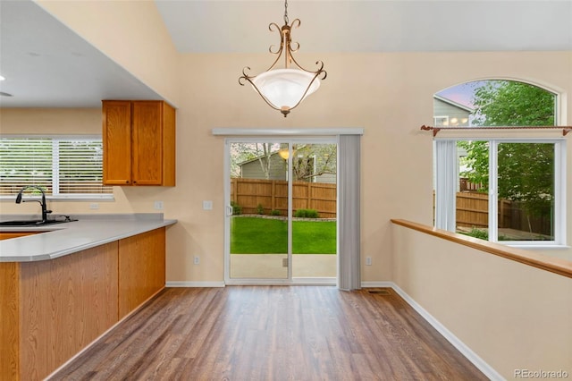 3371 Bexley Dr, Colorado Springs, CO 80922 - kitchen featuring a sink, wood finished floors, brown cabinetry, baseboards, and healthy amount of natural light