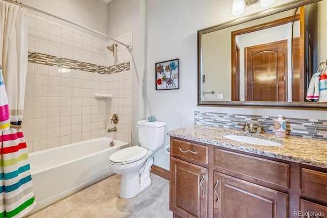 full bathroom featuring backsplash, shower / tub combo, tile patterned flooring, vanity, and toilet