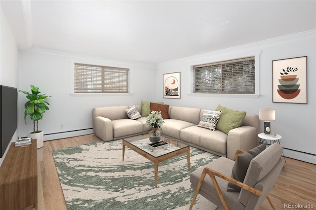 living room featuring hardwood / wood-style flooring, ornamental molding, and a baseboard radiator