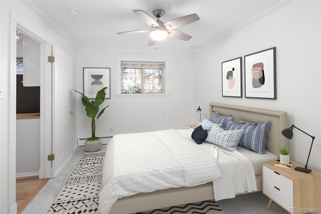 bedroom featuring a baseboard radiator, ceiling fan, and ornamental molding