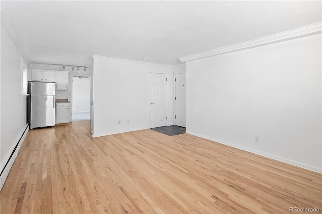 unfurnished living room with a baseboard radiator, light hardwood / wood-style flooring, and ornamental molding