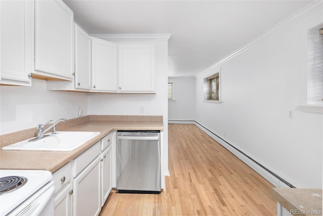 kitchen with white cabinetry, stainless steel dishwasher, light hardwood / wood-style floors, and sink