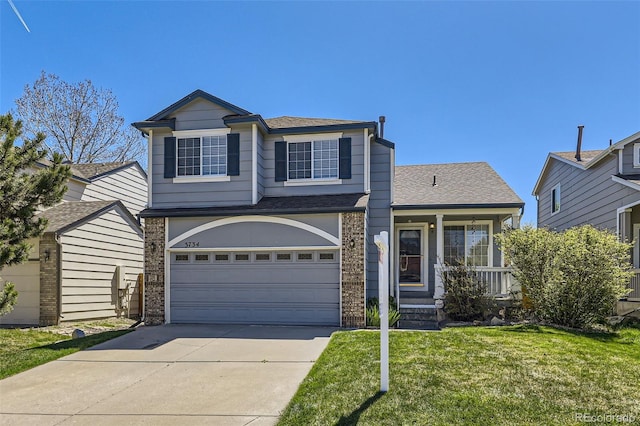 traditional home featuring a porch, driveway, a garage, a front yard, and a shingled roof