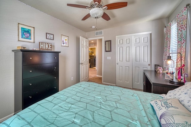 bedroom with ceiling fan and a closet