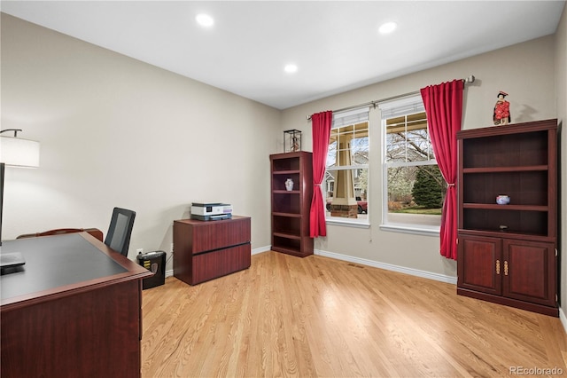 5049 Heatherglen Dr, Highlands Ranch, CO 80130 - office area featuring baseboards, light wood-style floors, and recessed lighting