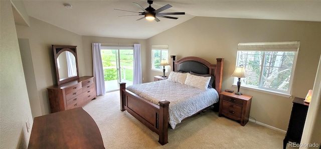 5049 Heatherglen Dr, Highlands Ranch, CO 80130 - bedroom with vaulted ceiling, light carpet, access to exterior, multiple windows, and baseboards