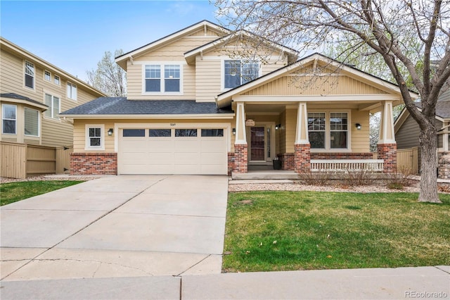5049 Heatherglen Dr, Highlands Ranch, CO 80130 - craftsman-style house featuring brick siding, an attached garage, covered porch, concrete driveway, and a shingled roof